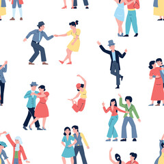 Dancers characters seamless pattern. Flat dance couples and single. Funny actors, design for fabric wrapping wallpaper, vector background