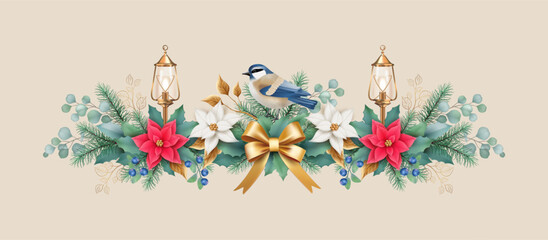 Christmas garland of blue bird, poinsettia flowers, fir branches, berries and golden lantern. Christmas and New Year banner