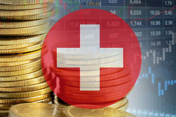 Stock market investment trading financial, coin and Switzerland flag or Forex for analyze profit finance business trend data.