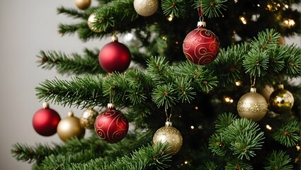 Fototapeta premium Christmas tree decorations closeup, christmas wallpaper
