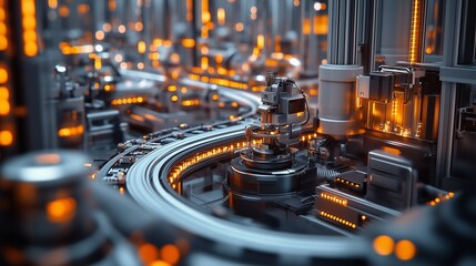 A close-up view of an industrial manufacturing facility, showcasing a complex automated production line with flashing lights and intricate machinery