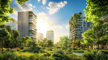 Obraz premium Sustainable urban development integrating green spaces, energy-efficient buildings, and smart planning