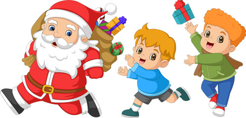 Santa Claus laughs and runs with children chasing him to get Christmas presents