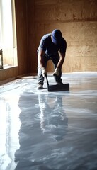 Construction Worker Applying Leveling Compound To Concrete Floor, Preparing For Floor Finishing