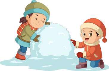 Cartoon little kids in winter clothes with snowball