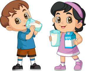 two little kid hold and drink a glass of fresh milk