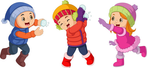 Happy children cartoon wearing winter clothes and playing snowball