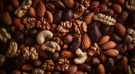 Obraz premium A close up view of the mixture with delicious walnuts, hazelnuts and almonds. Lots of nuts and soft lighting try to create a luxurious atmosphere. Walnut background, top view, illustration wallpaper