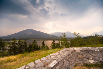 Dramatic Sunset Over the Lake Lookout Between Canadian Rocky Mountains, Banff Area, Alberta, Canada