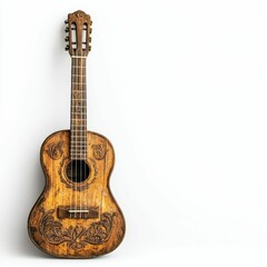 Naklejka premium Carved wooden acoustic guitar on white background.
