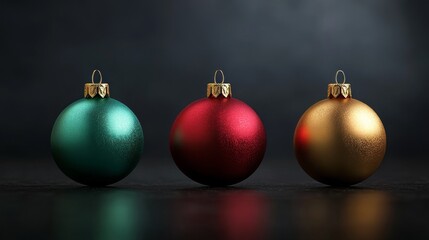 Three Christmas ornaments are sitting on a dark surface