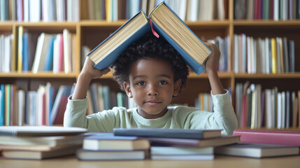 enthusiastic African American child engaging homework desk surrounded numerous colorful books using one as playful roof his head.