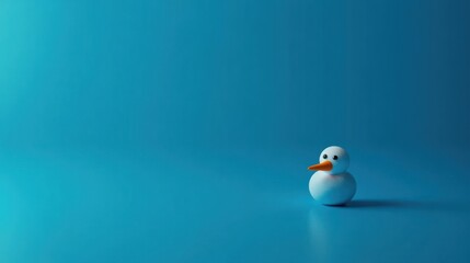 A simple blue background featuring a small, cute snowman figurine with an orange carrot nose.