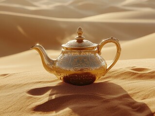 Golden teapot on desert sand
