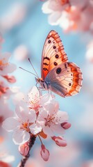 Obraz premium This enchanting image captures a delicate butterfly perched on cherry blossoms, with sunlight illuminating the vibrant colors and graceful wings amidst the tranquil pink petals