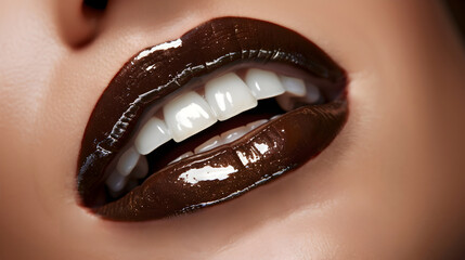 Glossy Brown Lips and natural makeup, shiny lipstick color