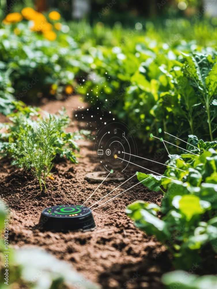 Poster a vibrant garden thrives with automated sprinklers and soil sensors, ensuring optimal conditions for