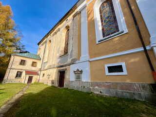 St. Mary Magdalene's Church, side view, in small town of Krasna Lipa, Czech Republic. 