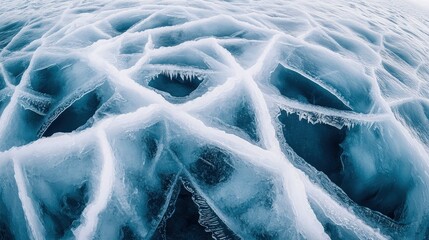 Abstract frozen Lake Baikal with deep cracks crisscrossing through thick ice, creating intricate jagged lines and organic shapes in varying hues of azure and frosty white.