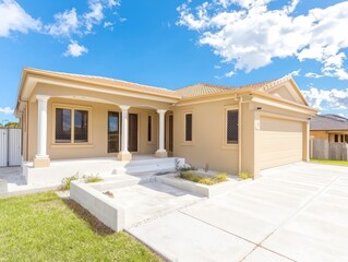 Sydney house with beige, cream, and white concrete under a blue sky.