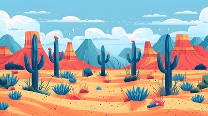 Desert Adventure: Minimalist Flat Illustration of Cactus and Dunes