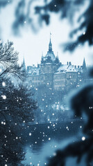 Obraz premium Falling snowflakes fill the air as a distant Gothic castle, snow-covered and blurred, creates a serene winter atmosphere