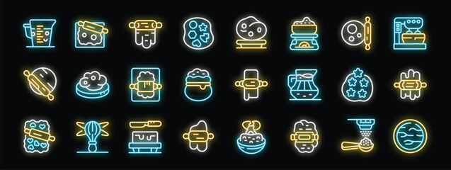 Neon signs representing baking process, featuring rolling pins, dough, measuring cups, mixers, and other tools, create a vibrant culinary scene
