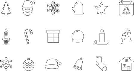 Christmas and New Year outline Holiday icons set. New year and Xmas stroke thin line vector symbols and sign.