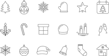 Christmas and New Year outline Holiday icons set. New year and Xmas stroke thin line vector symbols and sign.