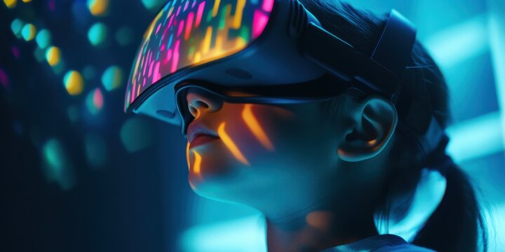 A child wearing a VR headset, their face illuminated by glowing patterns