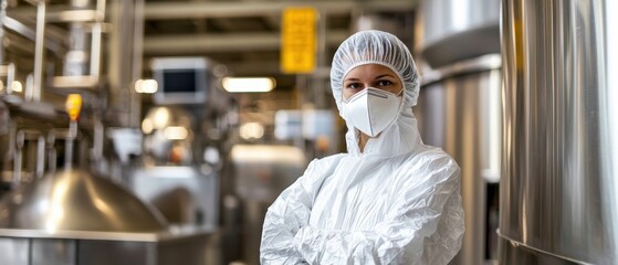 A professional in protective gear stands confidently in a clean, industrial environment, highlighting safety and hygiene standards.