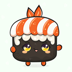 Cute funny Sushi waving hand. Vector hand drawn cartoon kawaii character illustration icon. Isolated on white background. Sushi character concept
