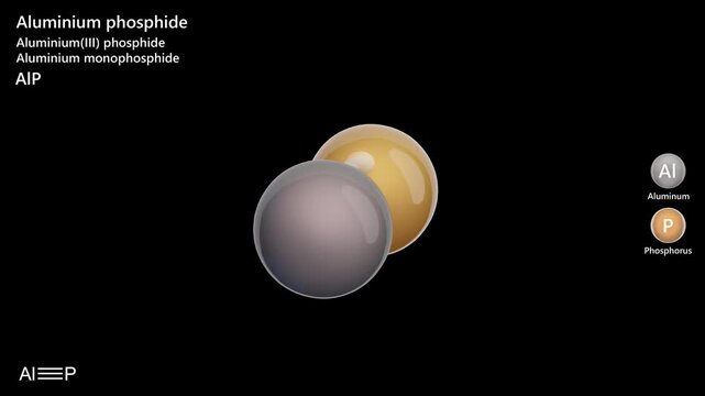 Aluminium Phosphide. Animated 3D model of a molecule. Molecular formula: AlP. Chemical model: Ball and sticks. Black background. 3D rendering. Seamless loop.