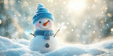 Obraz premium Smiling snowman standing winter snowflakes background.