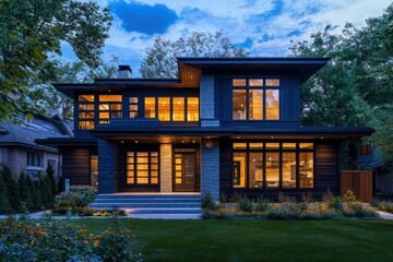 Naklejka premium Toronto's modern home exterior at dusk showcases dark brown windows and denim accents.
