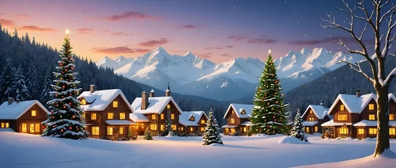 Decorated christmas trees in a christmas village in Lapland, Santa claus village banner, christmas wallpaper