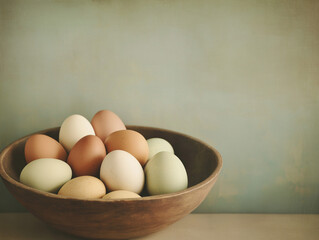 Vintage-style display of rustic Easter eggs arranged in a wooden bowl highlighting seasonal charm and simplicity. Generative AI