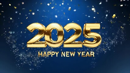 festive New Year’s celebration scene featuring bold golden 3d video text reading 2025 Happy Year design complemented black white balloons confetti dark blue gradient background creating elegant