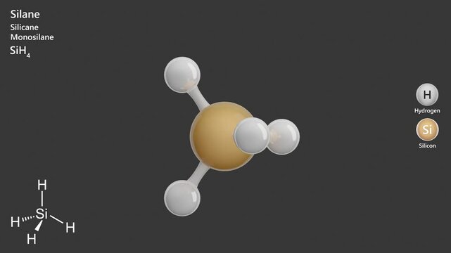 Silane. Poisonous gas. Animated 3D model of a molecule. Molecular formula: H4Si. Chemical model: Ball and sticks. Gray background. 3D rendering. Seamless loop.