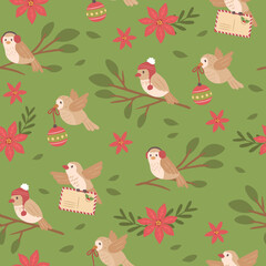 Winter Christmas Seamless  pattern of birds vector illustration