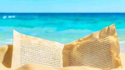 Lost and Found: A crumpled paper half-buried in sand on a windswept beach. The tide has smoothed its surface, erasing words, leaving only mystery. 