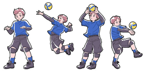 バレーボールをする男の子のイラストセット