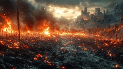 fierce snowstorm envelops battlefield where burning swords and spears stand amidst piles snow majestic snowy mountains looming distance creating atmosphere warfare.