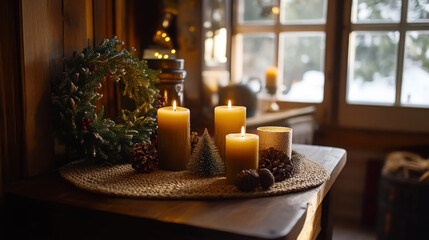 Cozy rustic kitchen corner with natural candles and wreath - perfect for holiday decor and warm ambiance