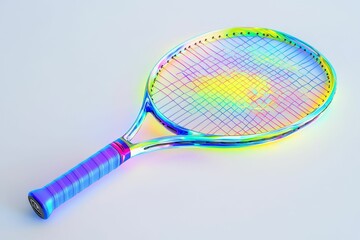 A rainbow tennis racket on a white background.