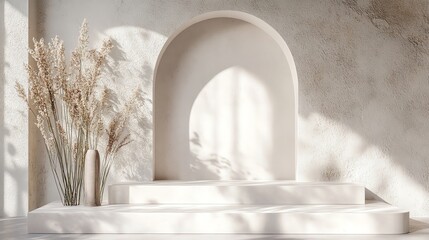 Obraz premium Elegant interior design featuring minimalistic arch, neutral tones, decorative plant in vase, and natural light.