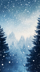 Obraz premium Snow falling softly against a blurred snowy pine forest, evoking a calm and tranquil winter atmosphere