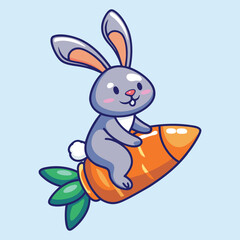 Cute Rabbit Riding On Carrot Rocket  Cartoon Vector Icon Illustration Isolated Animal Nature