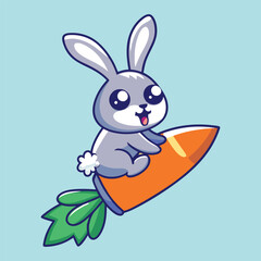 Cute Rabbit Riding On Carrot Rocket  Cartoon Vector Icon Illustration Isolated Animal Nature