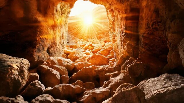 Christianity, religion, faith, religious, Faithfulness of God, Jesus birth, Easter resurrection of Jesus Christ concept. Empty tomb with stone rocky cave and light rays bursting from within
